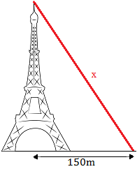 representación de la torre Eiffel con un cable que parte desde su cima hasta y termina en el suelo a 150 metros del centro de la base de la torre, formando un triángulo rectángulo